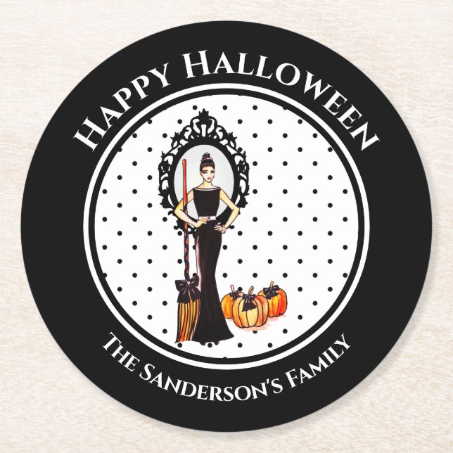 Dessous De Verre Rond Halloween classique élégant robe noire Pois (Devant)