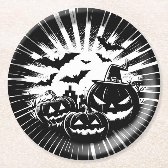 Dessous De Verre Rond Halloween in black and white (Devant)