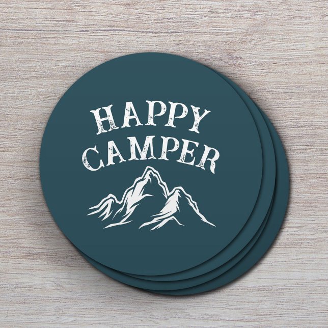 Dessous De Verre Rond Happy Camper Mountain Adventure Camping Turquoise (Créateur téléchargé)