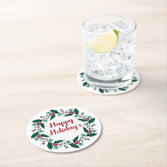 Dessous De Verre Rond Happy Holiday's Wreath Paper Coaster (En situation)