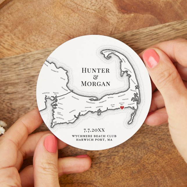 Dessous De Verre Rond Harwich Port MA Wychmere Beach Club Mariage (Custom Wedding Drink Coaster with a Harwich Port Cape Cod Map for a wedding at Wychmere Beach Club)