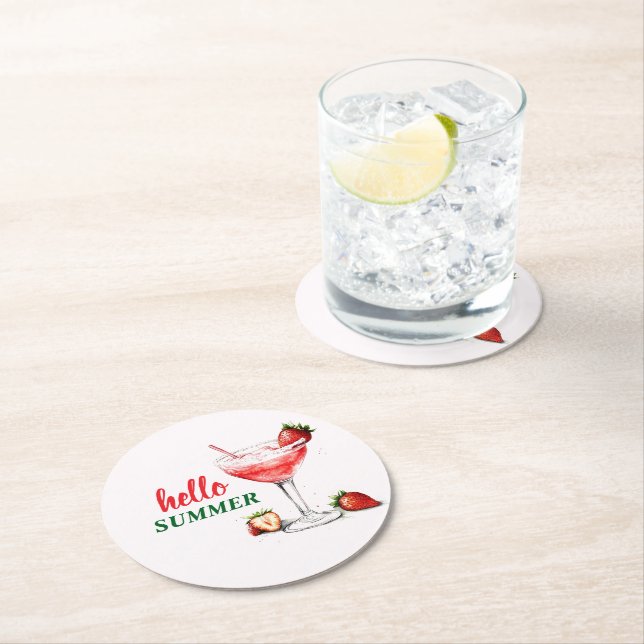 Dessous De Verre Rond Hello Summer | Strawberry Cocktail Paper Coaster (En situation)