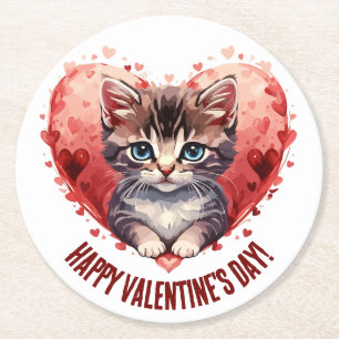Dessous De Verre Rond Heureuse Sainte-Valentin Little Kitten avec coeur