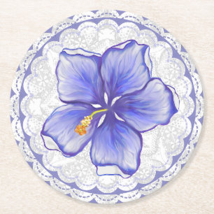Dessous De Verre Rond Hibiscus & dentelle BLEU