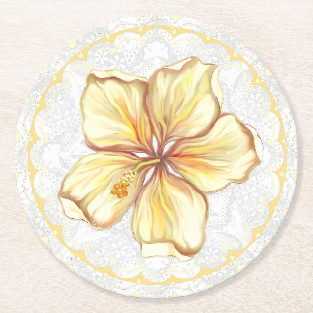Dessous De Verre Rond Hibiscus & dentelle JAUNE (Devant)