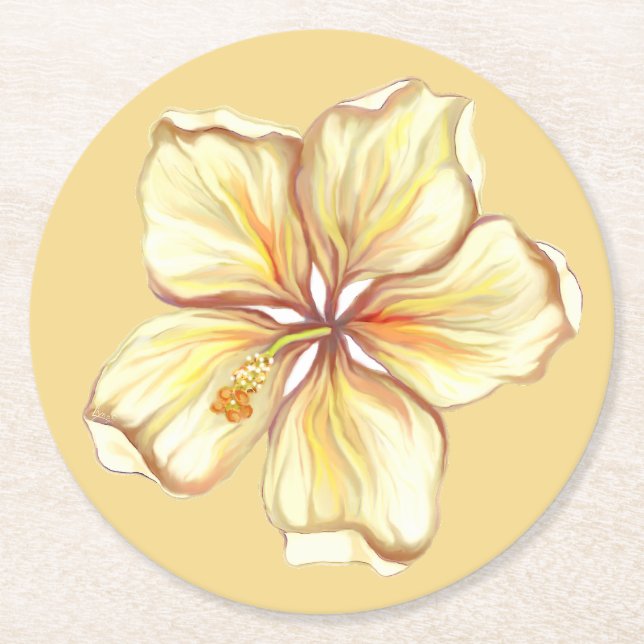Dessous De Verre Rond Hibiscus & dentelle JAUNE (Devant)