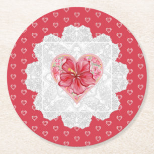 Dessous De Verre Rond Hibiscus & dentelle RED