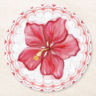 Dessous De Verre Rond Hibiscus & dentelle RED