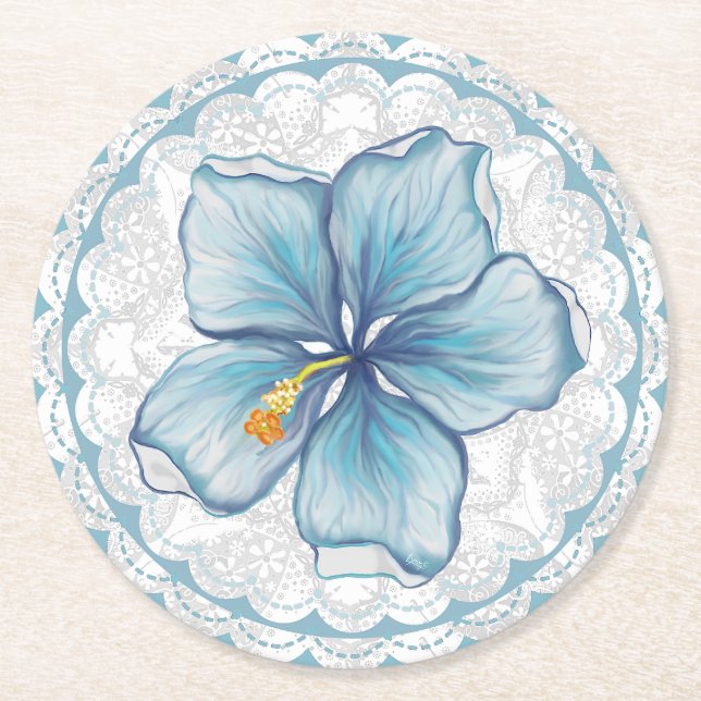 Dessous De Verre Rond Hibiscus & dentelle TURQUOISE (Devant)