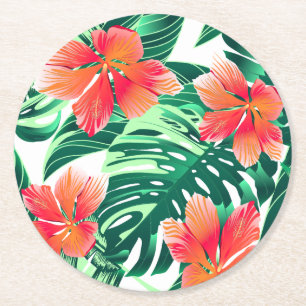 Dessous De Verre Rond Hibiscus d'oranges tropicales