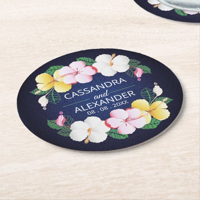 Dessous De Verre Rond Hibiscus Hawaiian Tropical Floral Mariage (Incliné)