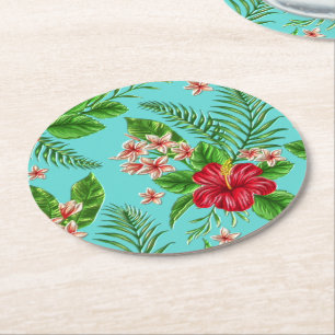 Dessous De Verre Rond Hibiscus Tropical Rose Cute Fleur Sur Turquoise