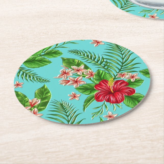 Dessous De Verre Rond Hibiscus Tropical Rose Cute Fleur Sur Turquoise (Incliné)