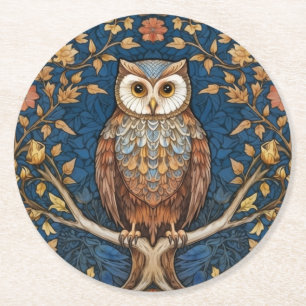 Dessous De Verre Rond Hibou sur une branche bleu automne arrière - plan