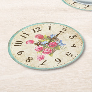 Dessous De Verre Rond Horloge Shabby avec Tulips Tea Party Dessous de ve