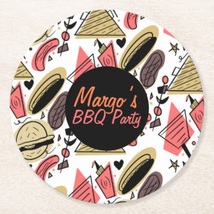 Dessous De Verre Rond Hotdog Burger Doodle BBQ Motif d'anniversaire    
