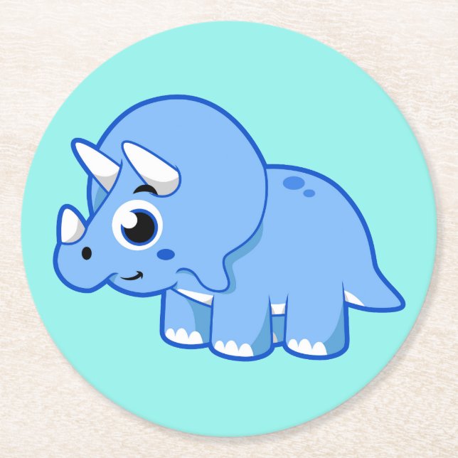 Dessous De Verre Rond Illustration Mignonne D'Un Dinosaure Tricératops. (Devant)