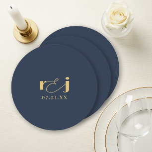 Dessous De Verre Rond Initiales de mariage élégantes Bleu Nuit Or ID1312