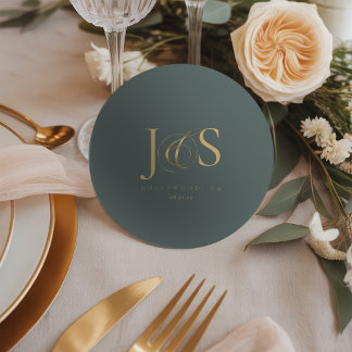 Dessous De Verre Rond Initiales de mariage simples et élégantes Green ID