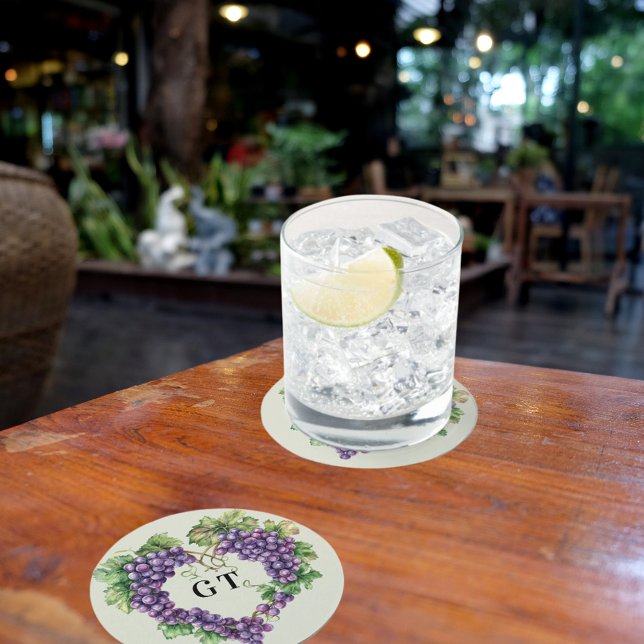 Dessous De Verre Rond Initiales de monogramme de cœur de raisins (Créateur téléchargé)