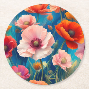 Dessous De Verre Rond Jardin de fleurs de pavots multicolores-47569