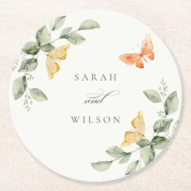 Dessous De Verre Rond Jardin Jaune mignon Papillons Mariage (Devant)