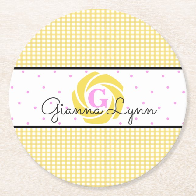 Dessous De Verre Rond Jaune En vichy Monogrammé (Devant)