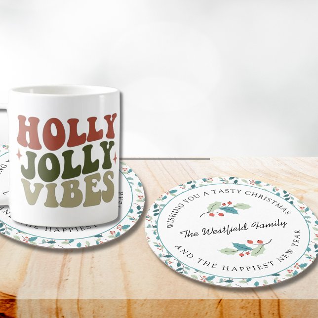 Dessous De Verre Rond Je vous souhaite un saint Noël (Wishing You a Tasty Christmas Holly and Red Berries Round Paper Coaster)
