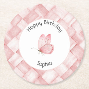 Dessous De Verre Rond Joli Anniversaire Papillon Tissage Panier Rose