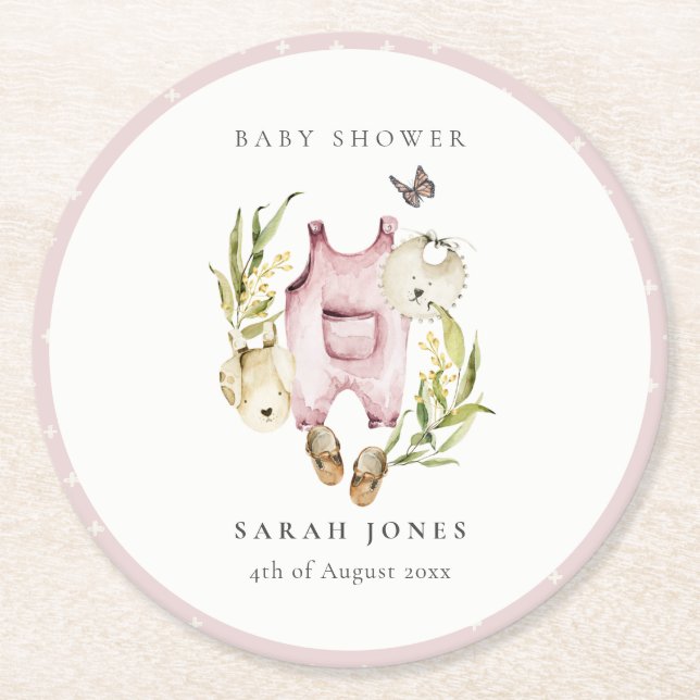 Dessous De Verre Rond Joli Baby shower Feuilleté Rose Foliage Fille Vête (Devant)