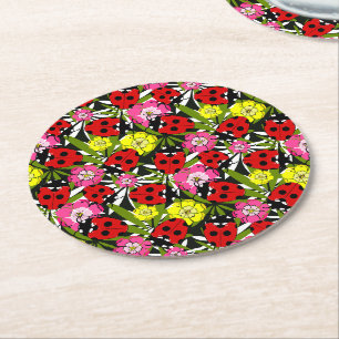 Dessous De Verre Rond Joli Motif Ladybug et Fleurs mignonne