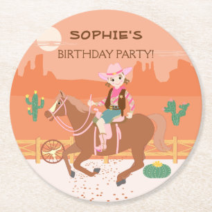 Dessous De Verre Rond Jolie Cowgirl et cheval fête d'anniversaire