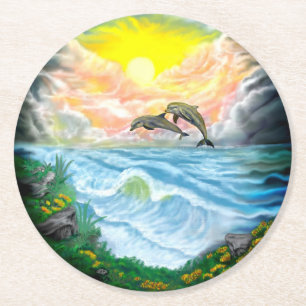 Dessous De Verre Rond Jouer aux dauphins sous le soleil