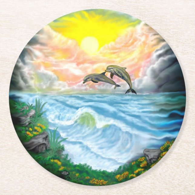 Dessous De Verre Rond Jouer aux dauphins sous le soleil (Devant)