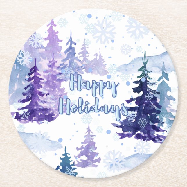 Dessous De Verre Rond Joyeuses vacances Purple hiver Snowy Trees (Devant)