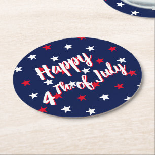 Dessous De Verre Rond Joyeux 4 juillet, rouge blanc bleu marine