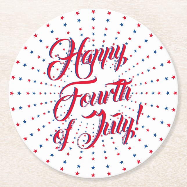 Dessous De Verre Rond Joyeux 4 Juillet script rouge blanc & bleu étoiles (Devant)