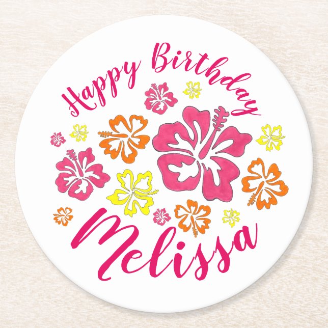 Dessous De Verre Rond Joyeux anniversaire Fleurs d'Hibiscus hawaïens tro (Devant)