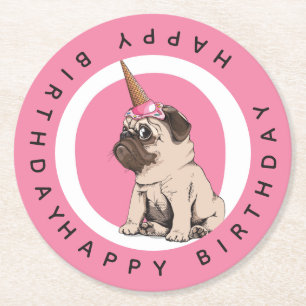 Dessous De Verre Rond Joyeux anniversaire   Pugicorn