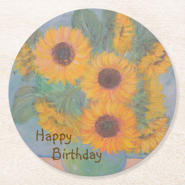 Dessous De Verre Rond Joyeux Anniversaire Tournesol Doux (Devant)