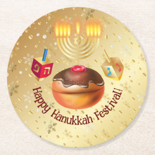 Dessous De Verre Rond Joyeux Donuts de vacances Hanoukka et Menorah Gold
