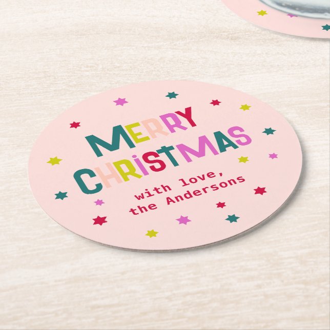 Dessous De Verre Rond Joyeux Joyeux Joyeux Noël Joyeux rose pâle (Incliné)