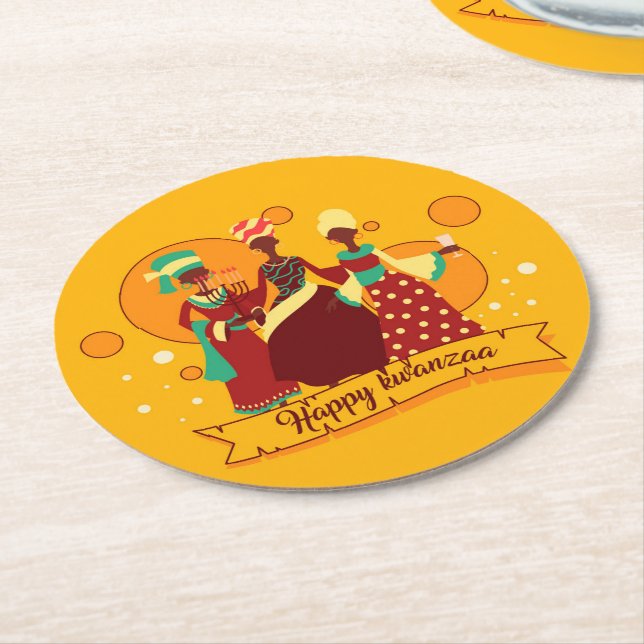 Dessous De Verre Rond Joyeux Kwanzaa 3 Dames Jaunes (Incliné)