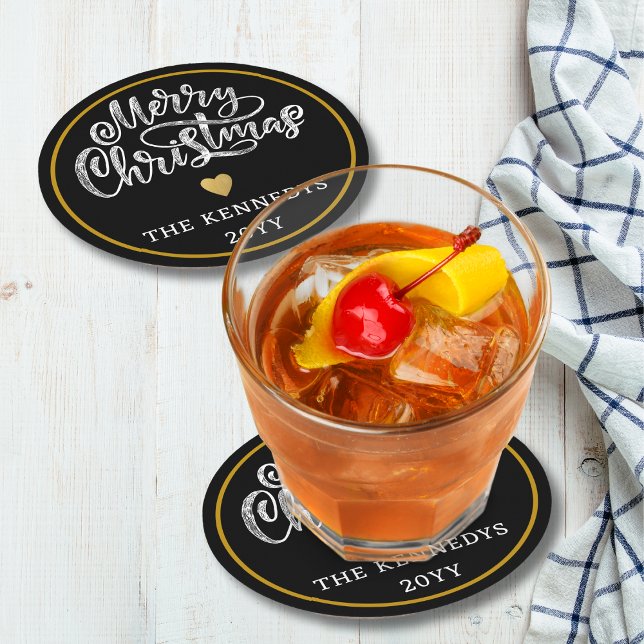 Dessous De Verre Rond Joyeux Noël Black White Gold (Créateur téléchargé)