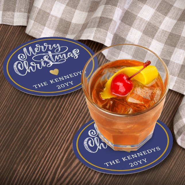 Dessous De Verre Rond Joyeux Noël bleu blanc or (Créateur téléchargé)