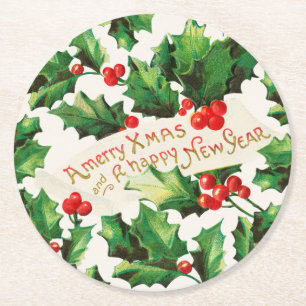 Dessous De Verre Rond Joyeux Noël et Joyeux Nouvel An Holly