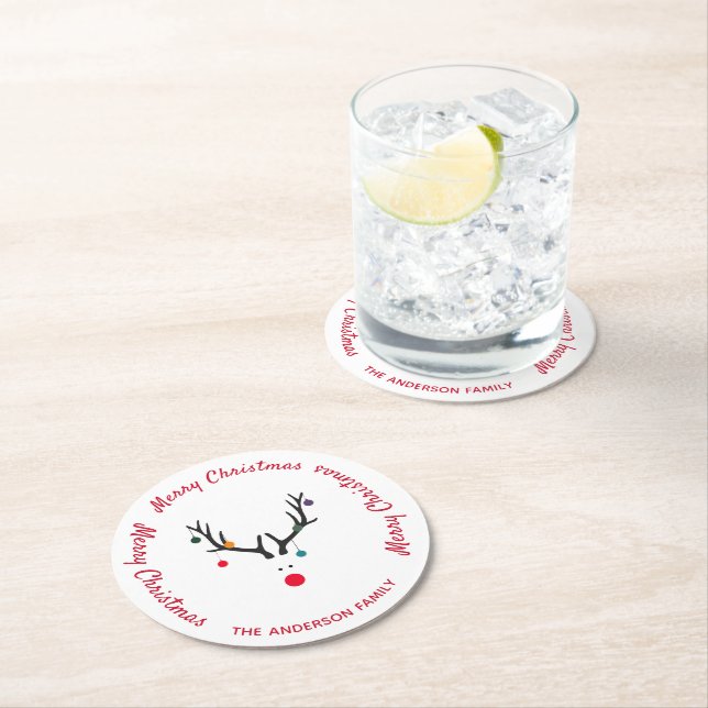 Dessous De Verre Rond Joyeux Noël moderne drôle renne blanc (En situation)