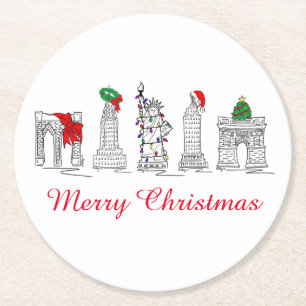 Dessous De Verre Rond Joyeux Noël NYC Bâtiments Points de repère Fête