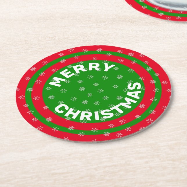 Dessous De Verre Rond Joyeux Noël Red Green & Snowflakes (Incliné)
