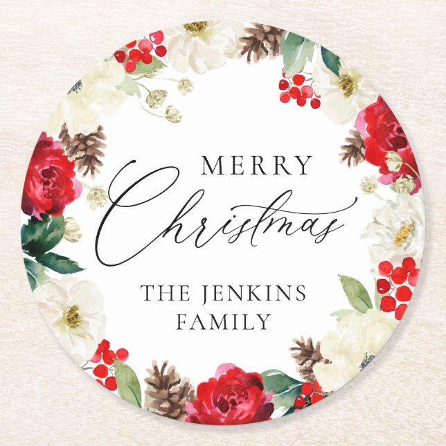 Dessous De Verre Rond Joyeux Noël Rouge Floral Personnalisé (Devant)
